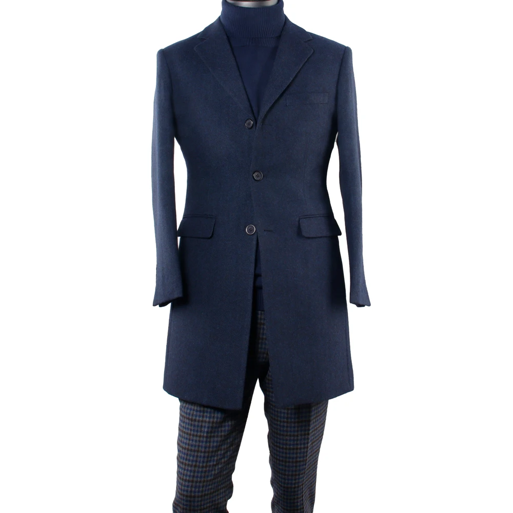 Custom Tailored Dark Blue Herringbone Tweed Woolen Coat Man Jacket Medium Long Winter Coats For Man Jackets For Man Overcoat