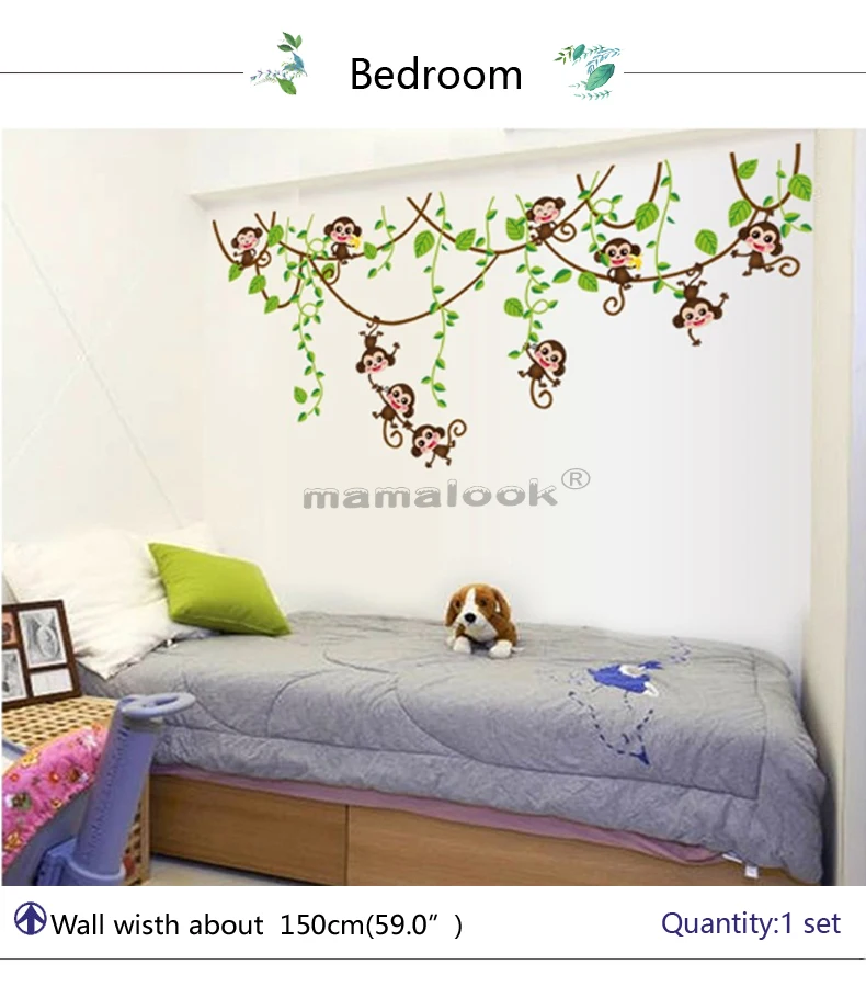 Removable vinyl Monkey Bedroom Wall Sticker Decals Mural Jungle Nursery Monkey Kid Room Decoartion Home Decor