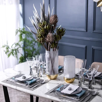 

Modern Grainy Texture Transparent Glass With Gold Metal Base Vase For Home Room Dining Table Decor Soft Accessories Ornament