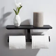 Double Toilet Paper Holder Bathroom Tissue Roll Holder with Shelf, Tissue Roll Holder with Phones Wipes Storage Rack Matte Black