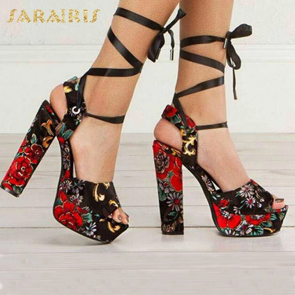 

Sarairis On Sale Sexy Big Size 43 Block High Heels Print Platform Women ankle-wrap Customized Sandals Summer Shoes Woman