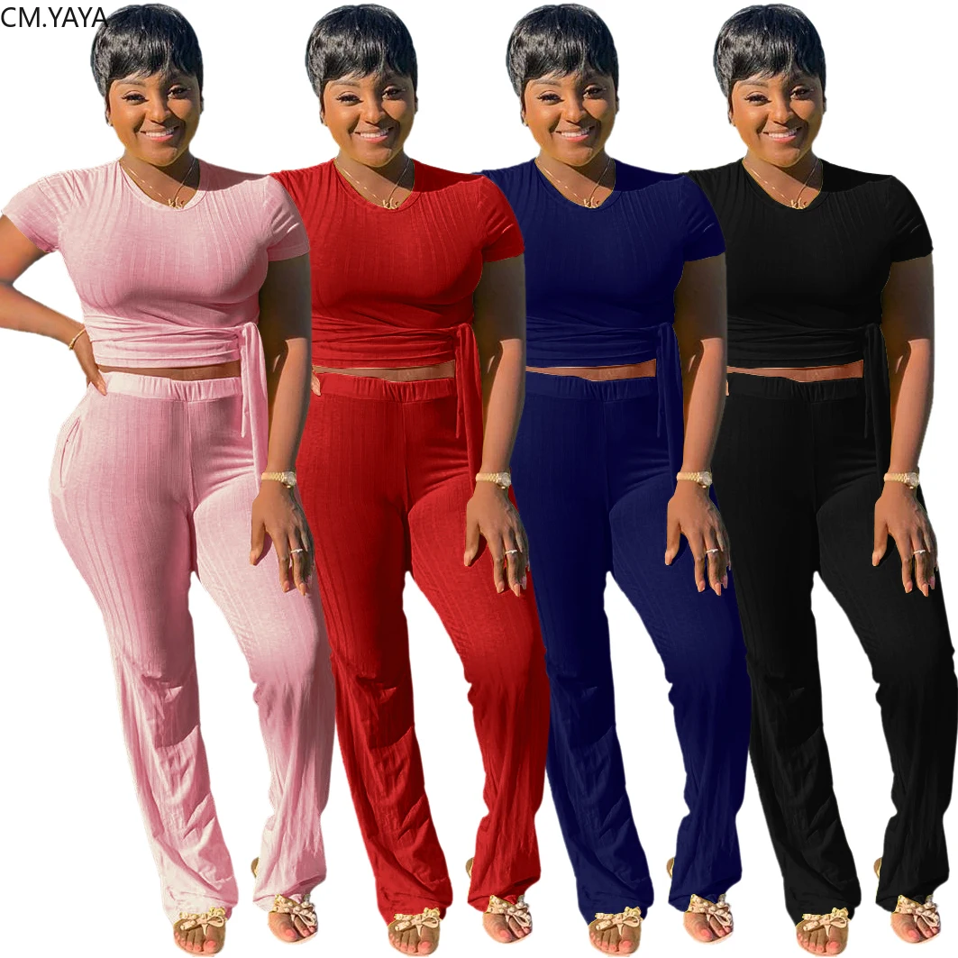 2020 Для женщин летние комплекты костюмы укороченный топы штаны костюм из двух
