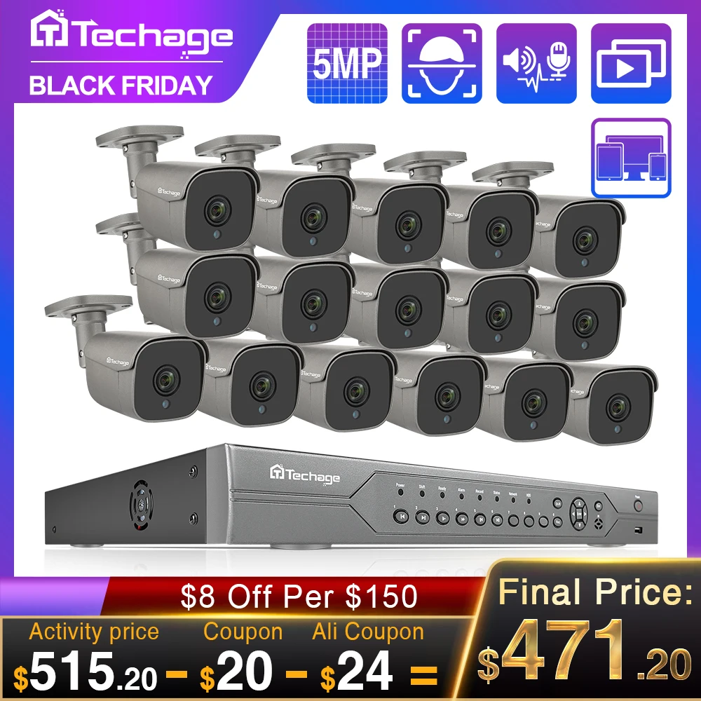 

H.265 16CH 5MP 4K HD POE NVR Kit CCTV System IR Outdoor Two Way Audio AI IP Camera P2P Video Security Surveillance Set 2TB HDD