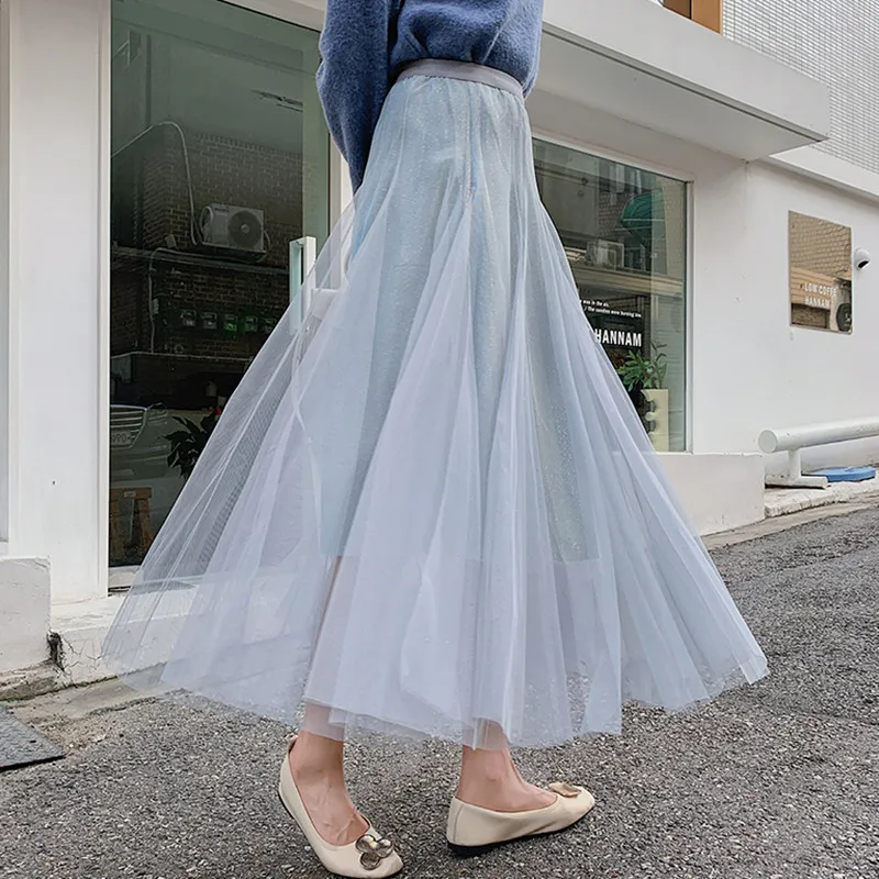Light blue Tule юбка для женщин осень зима Высокая талия блестящие тюлевые Юбки Дамы Плиссированные Длинные Макси рюшами плиссе сетчатая юбка - Цвет: Light blue