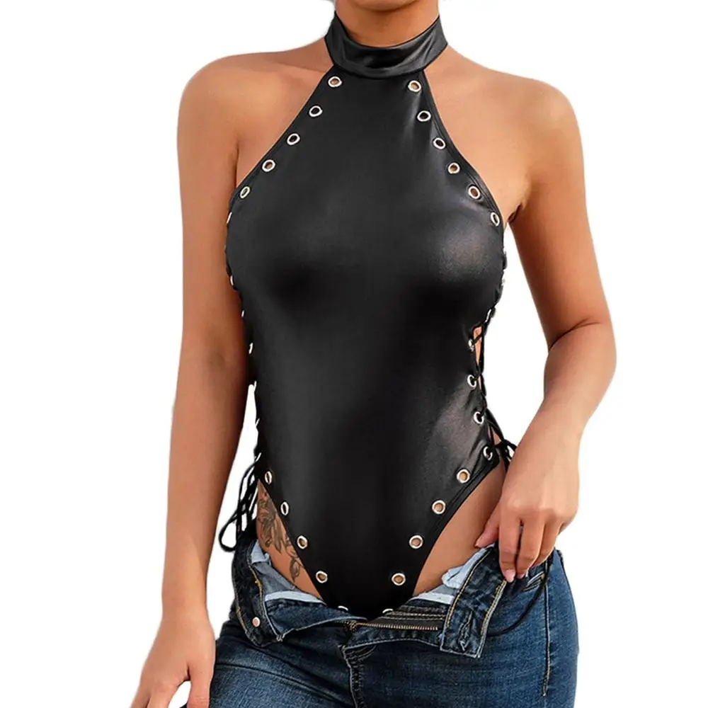

Women Sexy Rivet Blackless Bodysuit Fashion Solid Color Teddy Lace Up Jumpsuit Combinaison Pantalon Femme 2019 New Hot Sale E