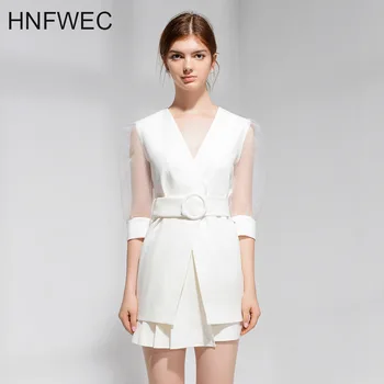 

2020 Spring Summer New Pattern V-collar Half Sleeve Organza Patchwork Lace Up Solid Skirt Two Piece Set Dress Women V238