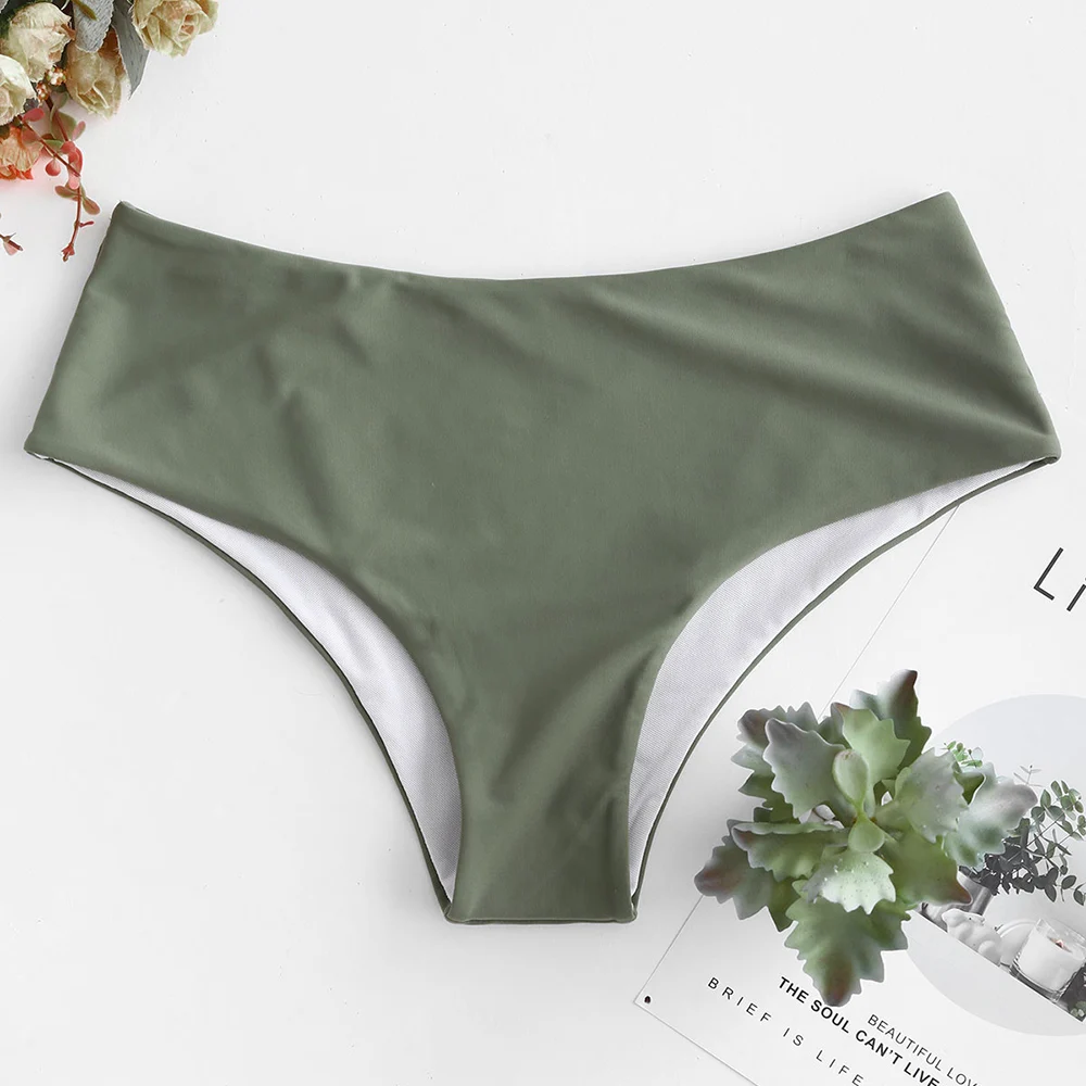 ZAFUL 2020 Solid Mid Rise Bikini Bottom Women Camouflage Green Bikini Briefs Ladies Middle Waist Beach Swim Briefs Basic Simple
