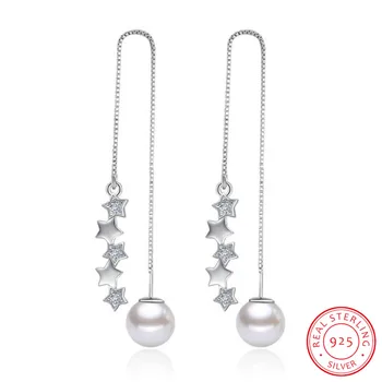 

925 Sterling Silver Earrings 5 pcs Star Zirconia Simulated Pearl Long Tassel Earrings Ear Line pendientes brincos S-E270