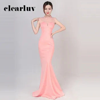 

See-Through Mermaid Evening Gown Pink Sexy Robe De Soiree DX405-1 2020 Plus Size Beaded Pearls Crystal Long Formal Evening Dress