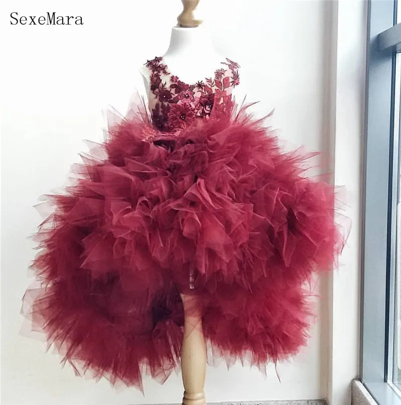SexeMara Bourgondië Baby Meisjes Kleding Kant Bloemen Organza Puffy Pageant Party Jurk Bloem Meisje Jurk Communie Gown Custom Made SexeMara Bourgondië Baby Meisjes Kleding Kant Bloemen Organza Puffy Pageant Party Jurk Bloem Meisje Jurk Communie Gown Custom Made