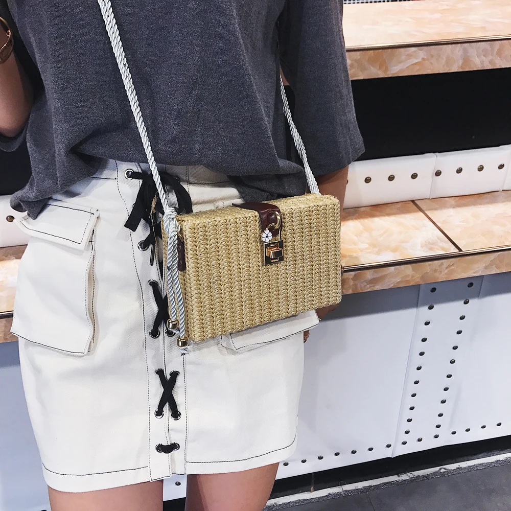 USFashion Lady Floral Print Beach Rectangle Box Bag Rattan Straw Crossbody Bags Bohemia Handbag Shouldbag