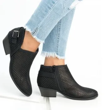 

Buckle Solid Square Heel Fall Ankle Boots Women Casual Round Toe Zip Chelsea Boots Fashion PU Low Concise Shoes Plus Size