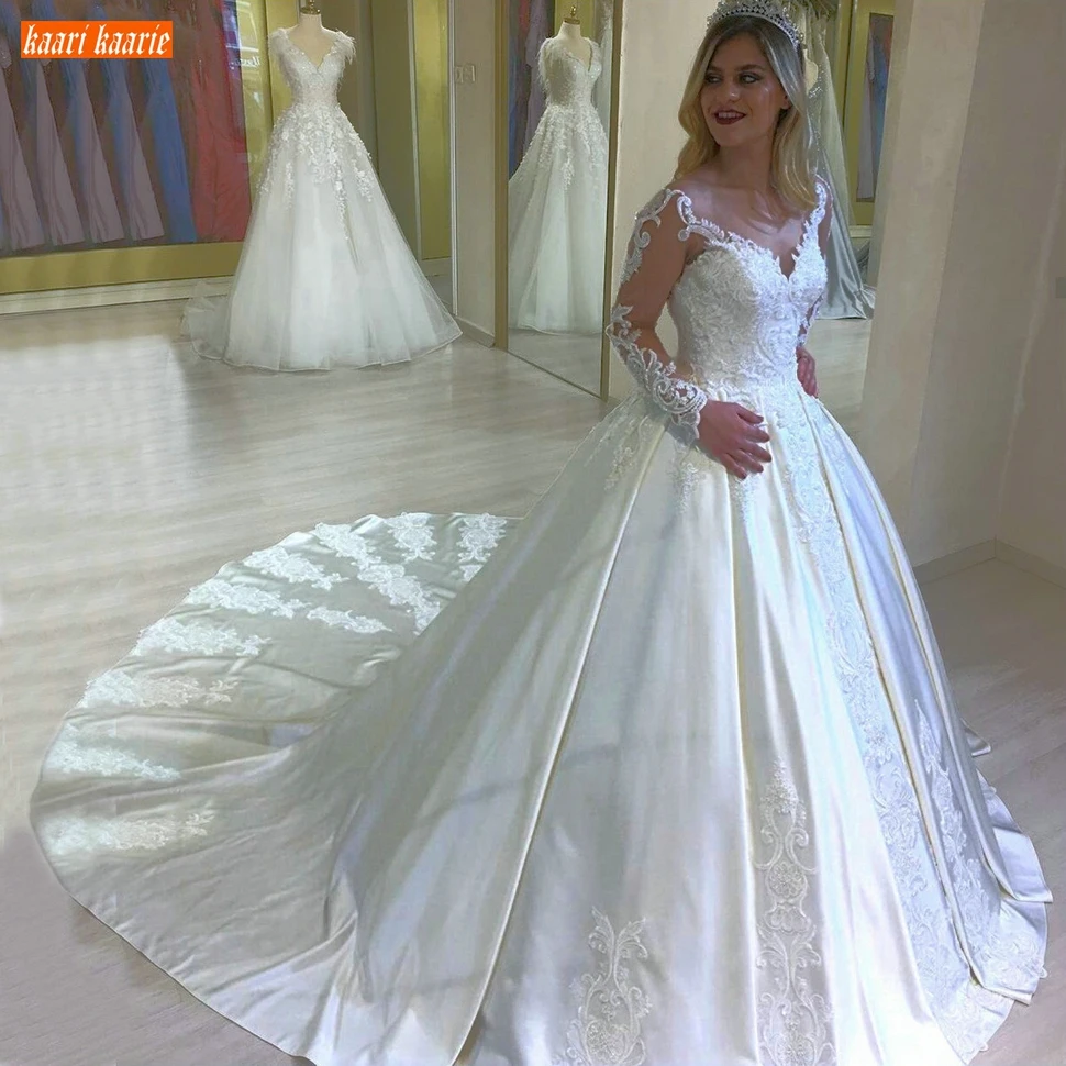 

Elegant White Wedding Dress Long Sleeves Vestido De Noiva Lace Appliqued Satin Marry Sexy Bridal Gowns Ivory 2020 Suknia Slubna