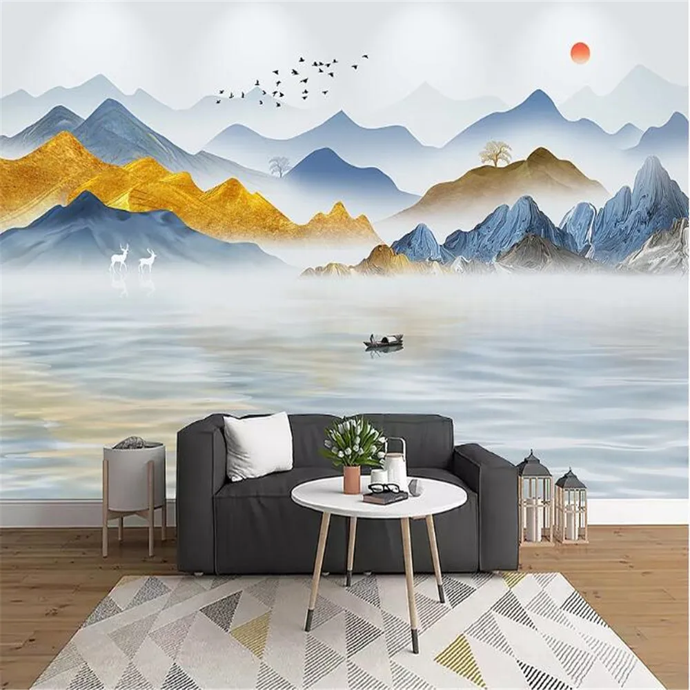 

Milofi custom wallpaper mural new new Chinese abstract mood blue ink landscape reflection TV background wall