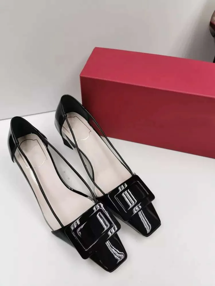 

2020 new women's shoes transparent black square toe high heel women's singles shoes