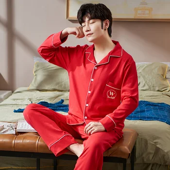

Autumn Winter Warm Men Pajama Long Sleeve Cardigan Pajama Set Cotton Casual Pajama For Men Simple Blue Feather Pattern Sleepwear