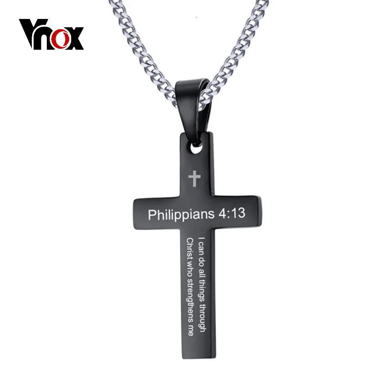 Black Vnox, филиппианцы, 4:13, простой крест, подвеска для мужчин, ожерелье из нержавеющей стали, повседневные религиозные украшения, мужские ювелирные изделия, 24 дюйма, цепочка - Окраска металла: Black