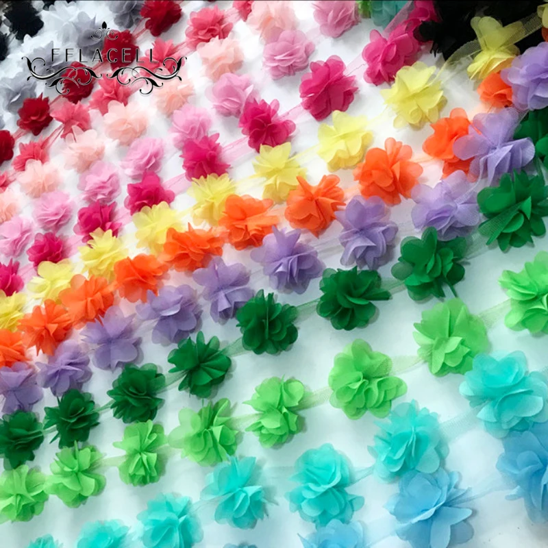 2yards=24pcs flowers 3D Chiffon Cluster Flowers Lace Dress Decoration