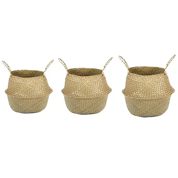 

Household Foldable Seagrass Woven Storage Baskets Garden Flower Hanging Basket with Handle Storage Bellied Basket,3 Pack