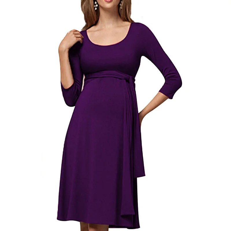 purple Платья для беременных, кормящих детей, пеньюар однотонный, кормящих грудью, пижамы, платье, сморщенный длинный пояс, круглый вырез, для беременных - Цвет: purple