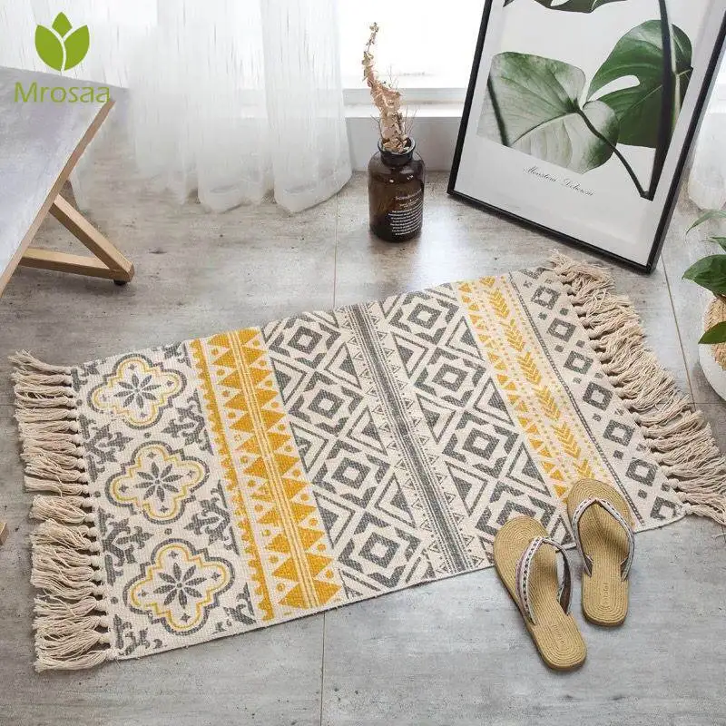 

60*90CM Retro Bohemian Hand Woven Cotton Linen Carpet Rug Bedside Rug Geometric Floor Mat Living Room Bedroom Carpet Home Decor