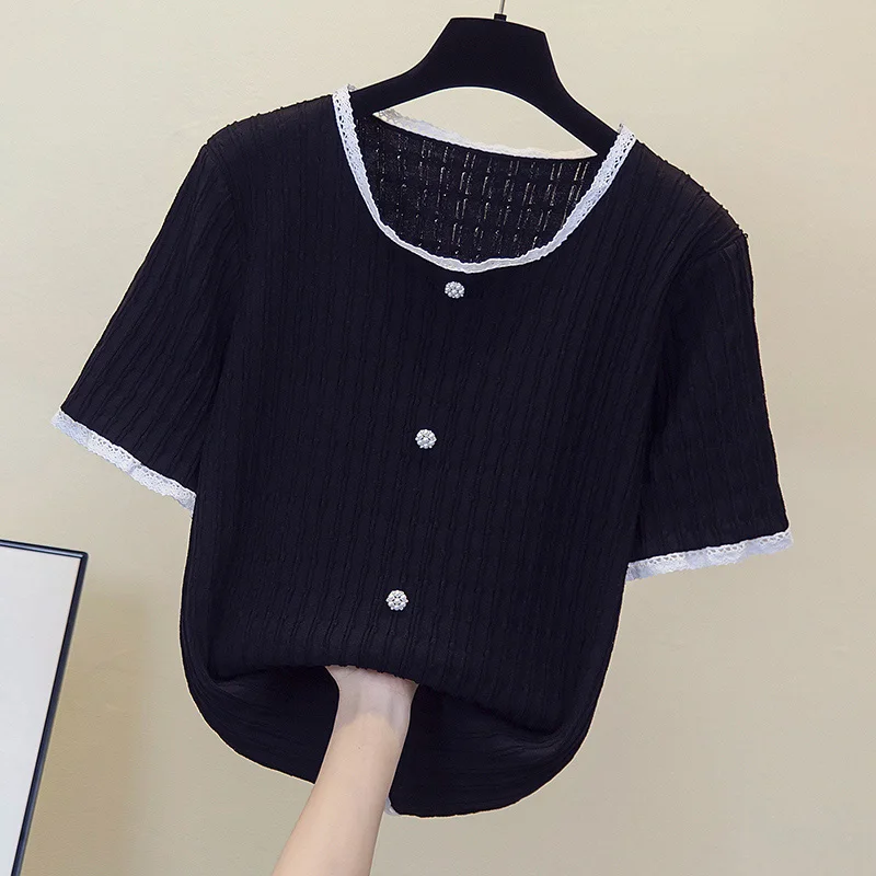 

Женский Шерстяной Свитер оверсайз, Летние Теплые топы с круглым вырезом, однотонный вязаный пуловер с коротким рукавом, повседневный простой женский джемпер