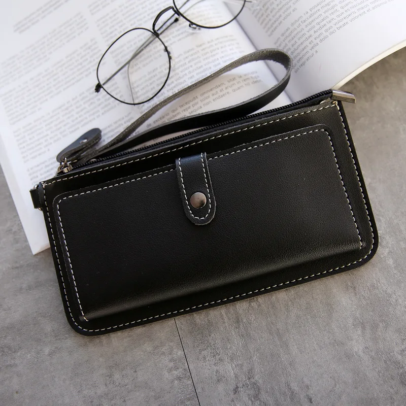 Ougger Long Women's Zipper Wallet Big Leather Wallets Clip PU Vintage Classic Coin Purse with Strap for Cards and Money