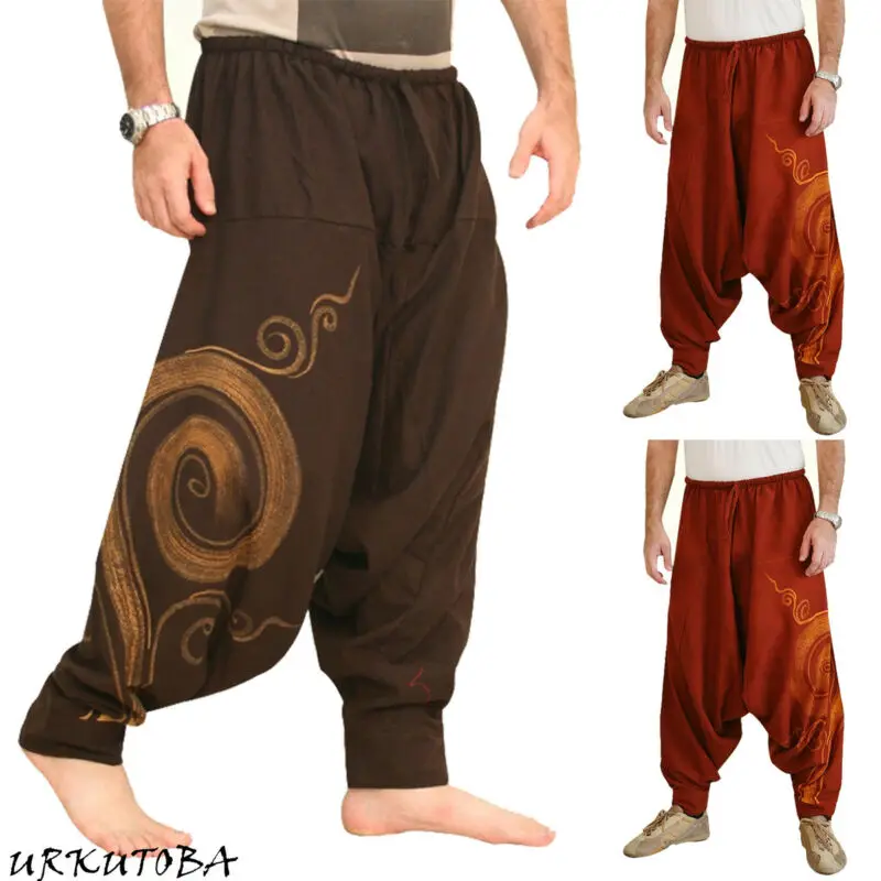 Горячая Распродажа, модные мужские хип-хоп мешковатые штаны-шаровары для йоги, фестиваля хиппи, Boho Alibaba, шаровары для пустыни размера плюс, широкие брюки
