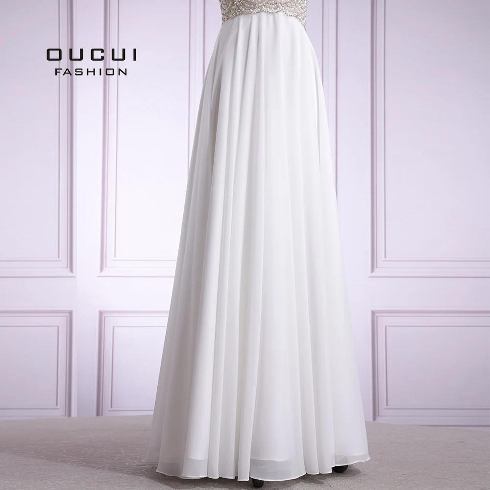 Elegant Women Evening Dress Long White Beaded Rhinestone Party Dress Backless A-line Sleeveless Evening Gown OL103439