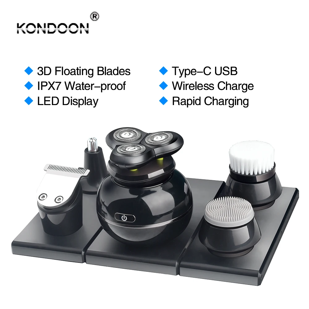 

Kondoon Electric Shavers Shaving Machine 4 in 1 Beard Razors 4D 3 Blades Nose Hair Trimmer Clipper USB Type-C for Men's Face
