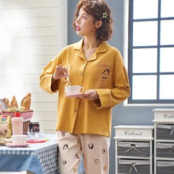 

Cartoon Print Pajamas Set Women's Cotton Sleepwear Long Sleeves Long Pants Homewear Loose Pyjama Soft Comfortable Nightwear XXXL