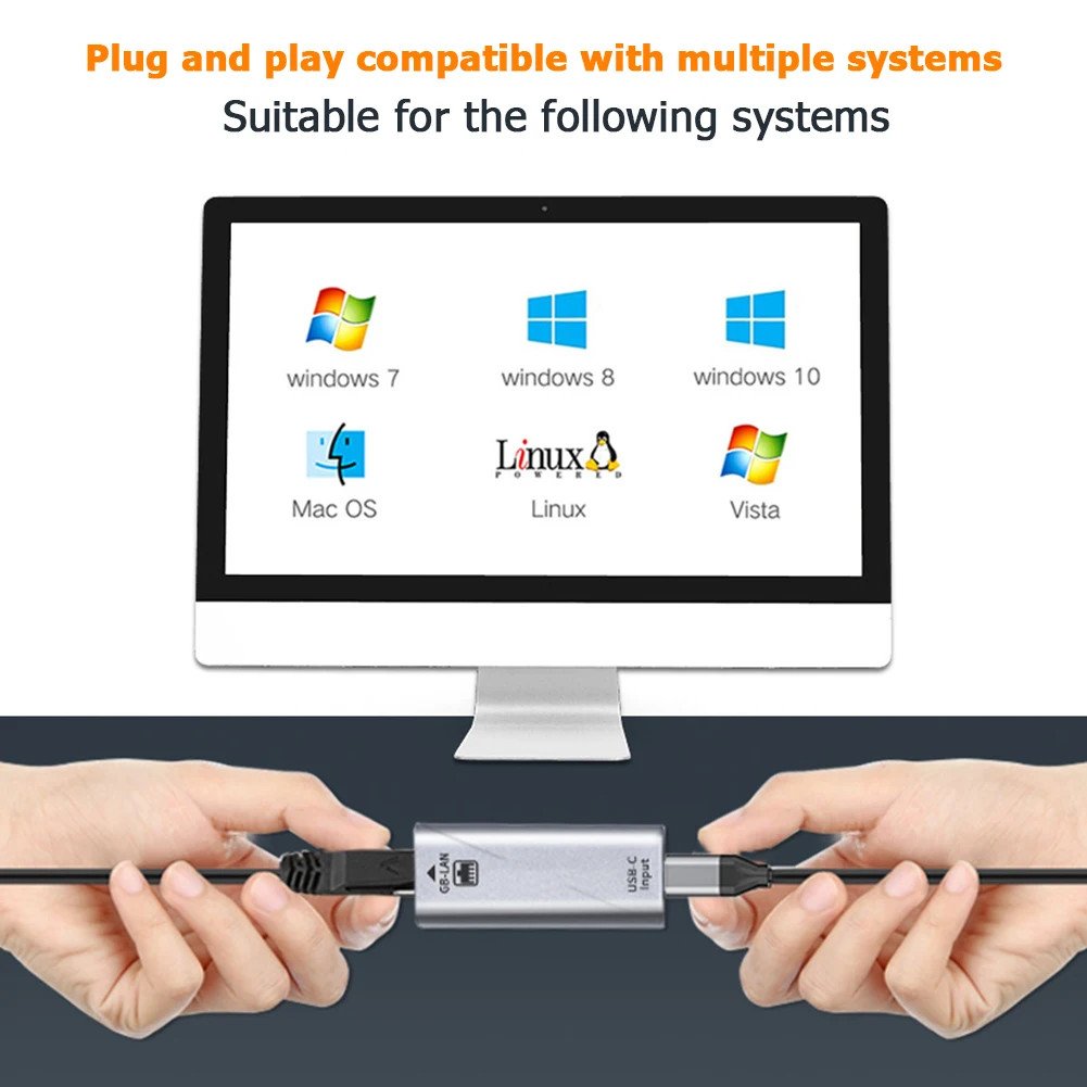 USB-C to Ethernet Adapter - Gigabit Wired LAN Network Card for PC, Laptop, Smartphone Description Image.