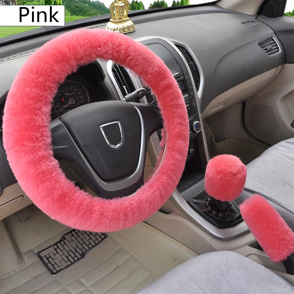 3 шт. Универсальная крышка рулевого колеса автомобиля+ крышка ручного тормоза+ автоматические накладки автомобиля плюшевые переключения передач зимние теплые автомобильные аксессуары - Название цвета: Pink