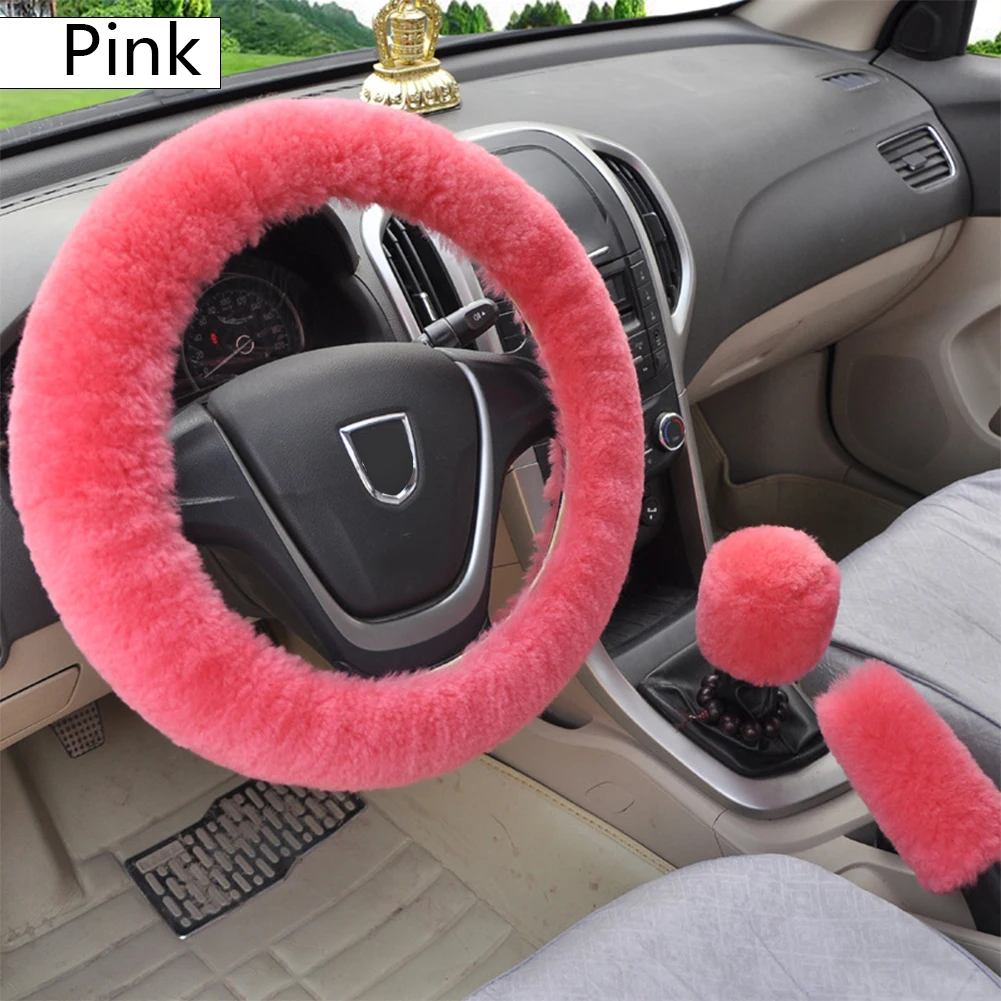 Pink 3 шт. Универсальная крышка рулевого колеса автомобиля+ крышка ручного тормоза+ автоматические накладки автомобиля плюшевые переключения передач зимние теплые автомобильные аксессуары - Название цвета: Pink