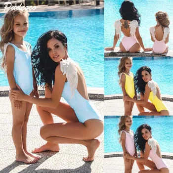 

2018 Family Matching Mother Swimsuit Mother Daughter Women Kid Baby Girl Feather One Piece Bikini Swimwear Bathing Suit Beach