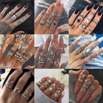 

Modyle 15 Pcs/set Bohemian Retro Crystal Flower Leaves Hollow Lotus Gem Silver Ring Set Women Wedding Anniversary Gift