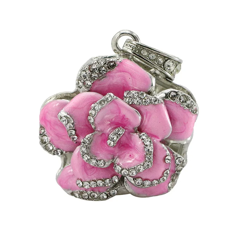 Pink Бриллиантовый цветок розы листья USB флеш-накопитель 128GB USB флэш-диск подарок девушке хрустальное ожерелье Pendrive8GB 64GB USB 2,0 подарок - Цвет: Pink