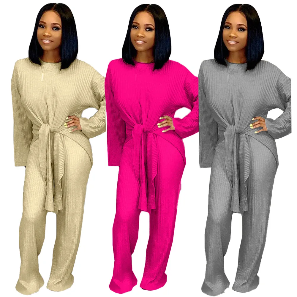 Solid Color Women's set long sleeve knitted knotted sweater straight pants suit two piece elegant tracksuit outfit GL3177 |