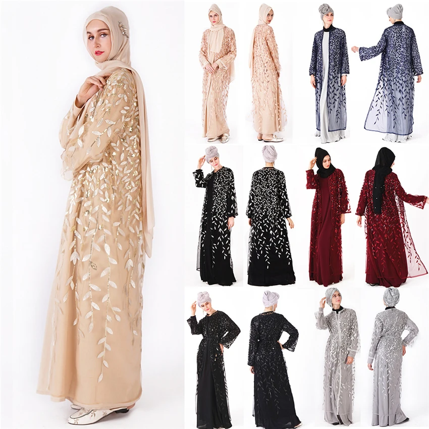 

Sequin Muslim Dress Abaya Dubai Kaftan for Women Mesh Hijab Islamic Clothing Ramadan Eid Ladies Long Sleeve Arab Dresses