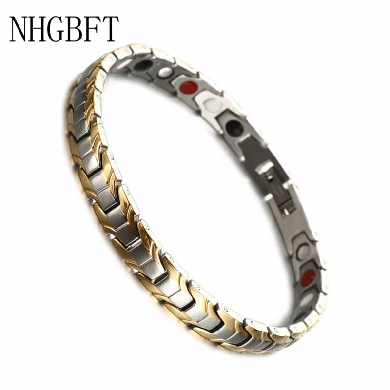 

NHGBFT Stainless Steel Magnetic Germanium Ions Energy Bracelet For Mens Gold&Silver Anion Healthy Bracelet