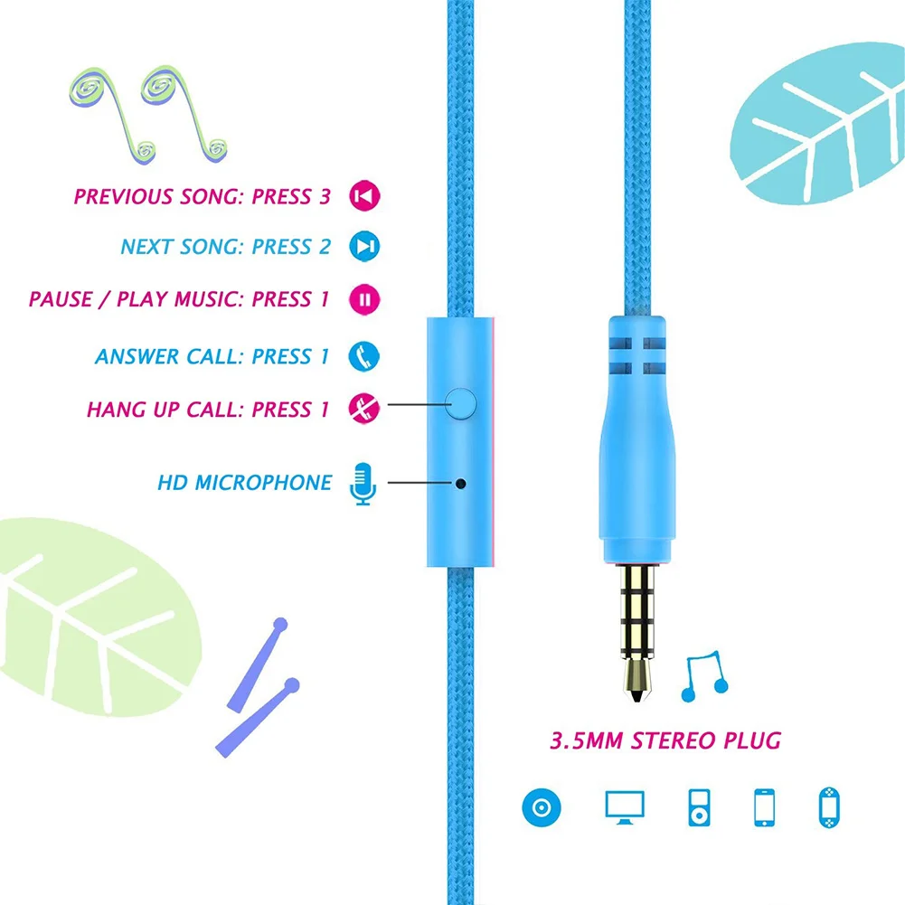 Children Built in Mic Kids Headphones On Ear Adjustable Foldable Headset Wired Cord Stereo E H004