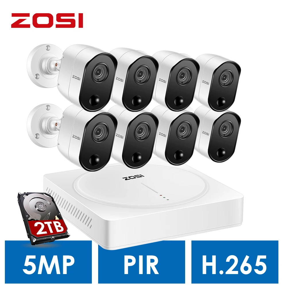 ZOSI 5MP Home Surveillance SystemH.265+ 5.0MP 8CH CCTV DVR 2TB Hard Drive and (8) 5.0MP Pir Motion Sensors Security Cameras