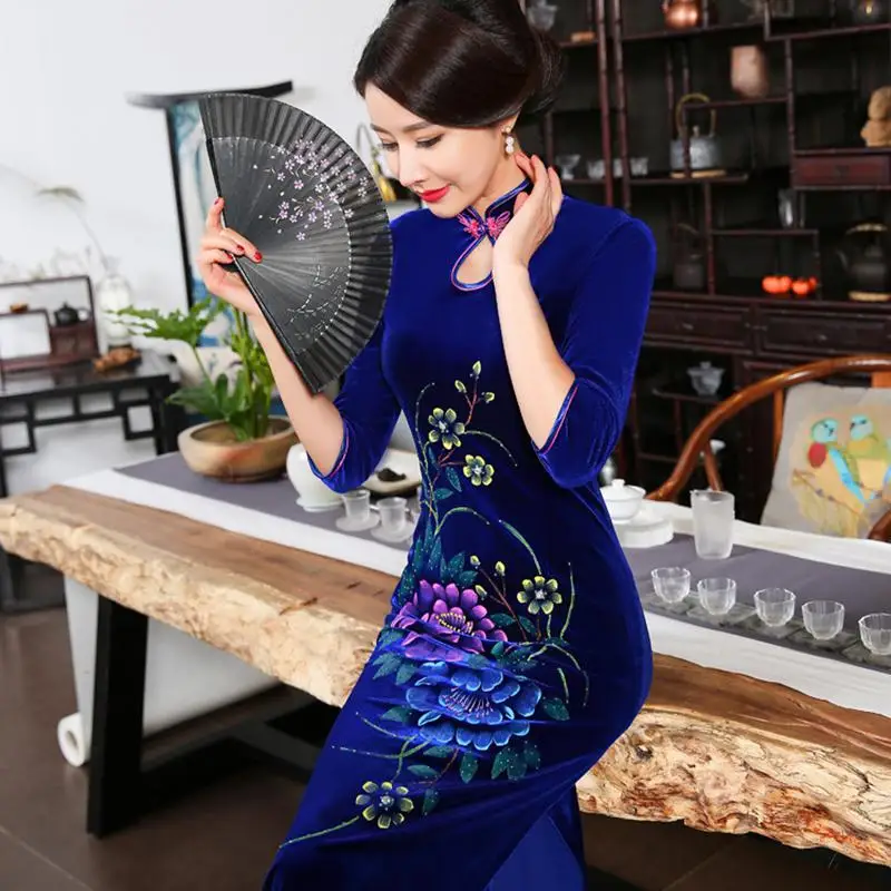 Китайское женское современное платье Qipao большого размера 3XL 4XL сексуальное длинное платье Чонсам с вышитым цветком велюровое Vestidos Вечернее платье - Цвет: StyleC 2