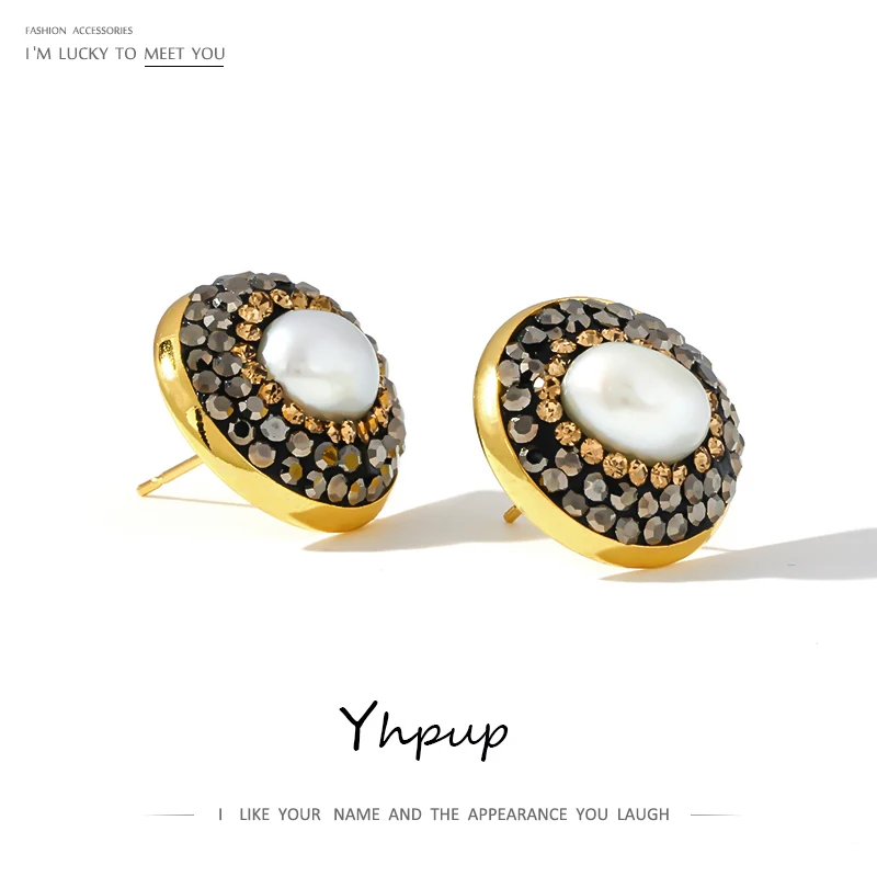 Yhpup трендовые серьги-гвоздики с натуральным жемчугом, геометрические Стразы, роскошные серьги Brincos для женщин, вечерние ювелирные изделия из металла 18 К, подарок
