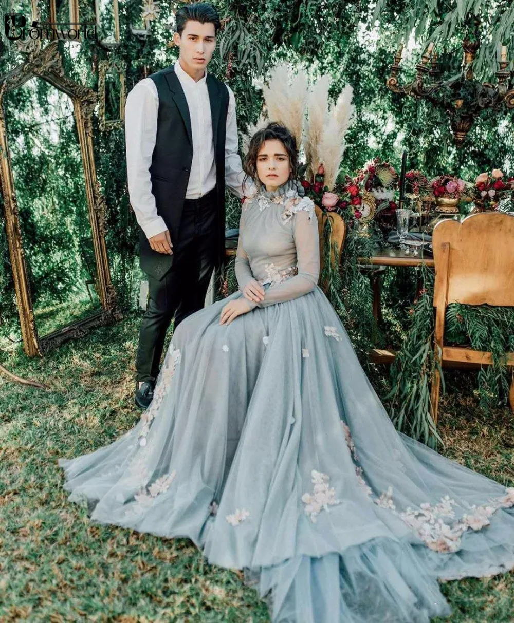 

Vintage Long Sleeve Boho Beach Wedding Dress High Neck Romantic Flowers Tulle A-Line Muslim Arabic vestidos de novia 2019
