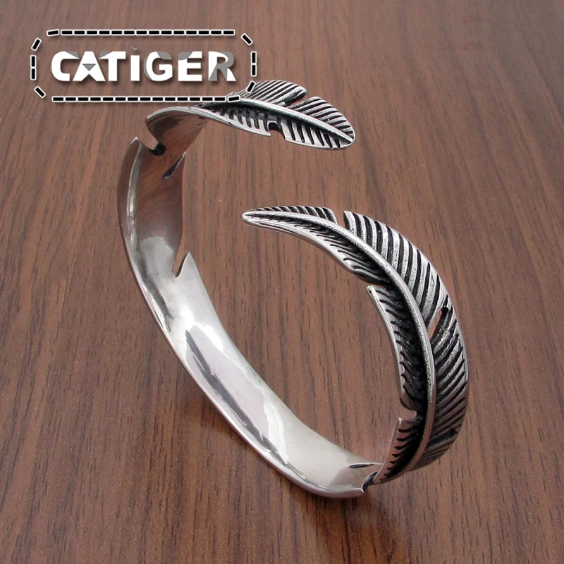 Vintage 316L Stainless Steel Feather Shape Open Cuff Bangle Bracelet For Men Or Women Classic Retro Style Rock Jewelry 5