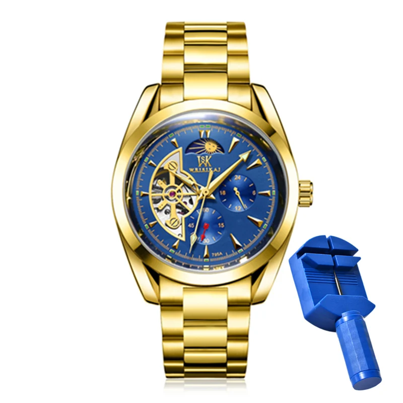 Automatic Mechanical Watches for Men Fashion Tourbillon Moon Phase Luminous Hands Stainless Steel Wristband Male Clock Gift 795 