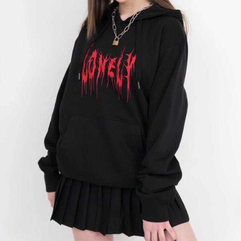 Harajuku толстовка с буквенным принтом, длинный рукав, СВОБОДНЫЙ Модный пуловер, уличная Осенняя Повседневная Толстовка С Карманами, черные женские