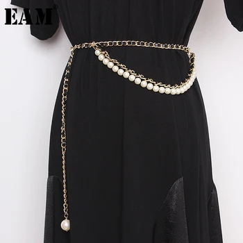 

[EAM] Metal Leather Pearl Split Joint Long Temperament Belt Personality Women New Fashion Tide All-match Spring 2020 1N944