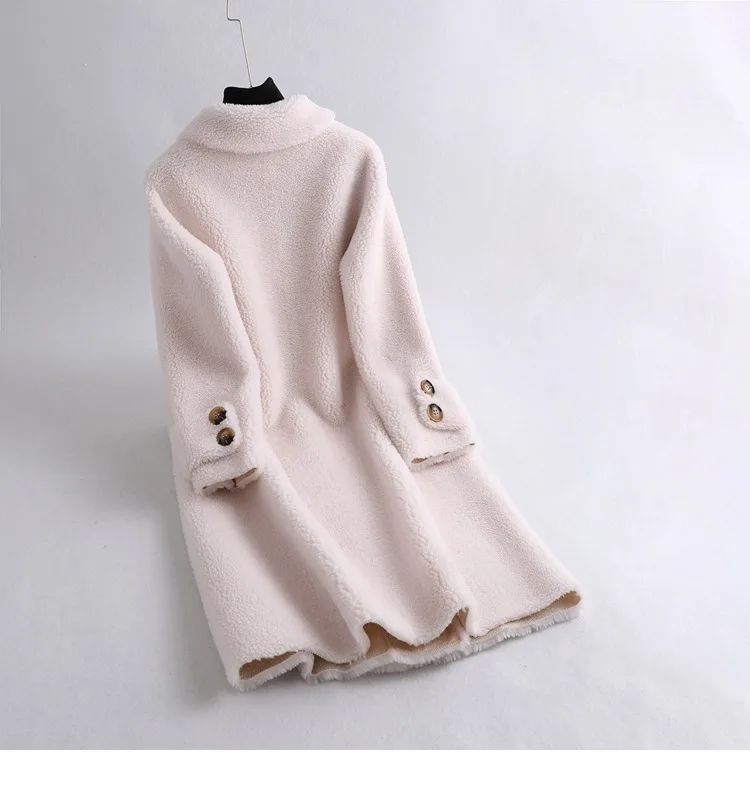 Winter Teddy Parka Genuine Sheep Wool Mid Long Jackets Women Double Breasted Office Lady Fur Coats Loose Outerwear Fur Clothing